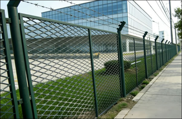Galvanized green coated expanded steel fencing topped with barbed wire